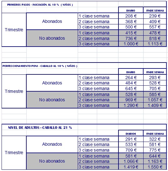 Tarifas escuela hípica